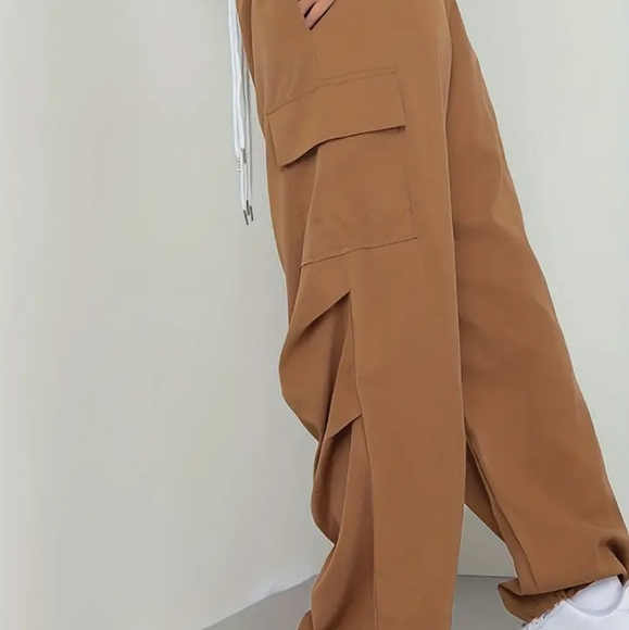 Women's solid elastic drawstring ruched wide leg cargo trousers size 2XL - Picture 3 of 7